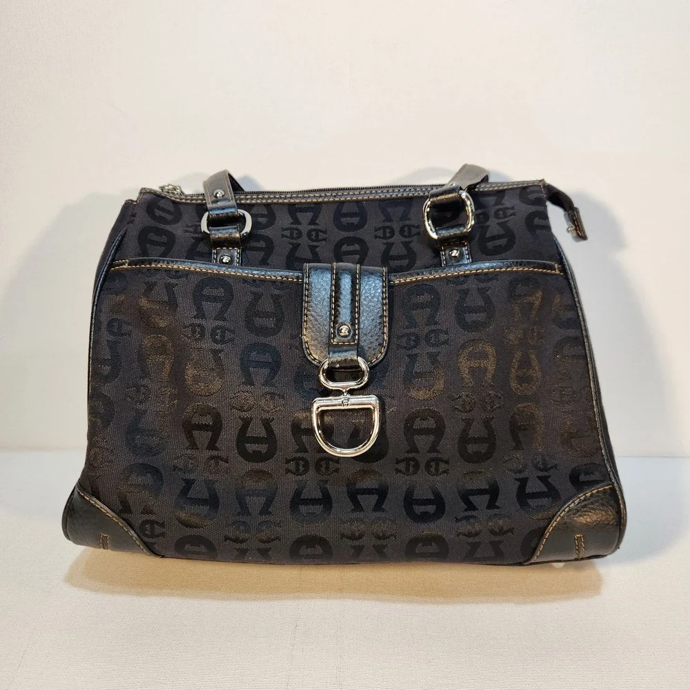 Etienne Aigner Black Signature Canvas Handbag Leather Trim Front Magnetic Pocket